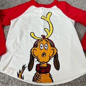 Hanna Andersson Grinch Red & Tan Raglan Tee Yellow Reindeer Graphic Size 6/7